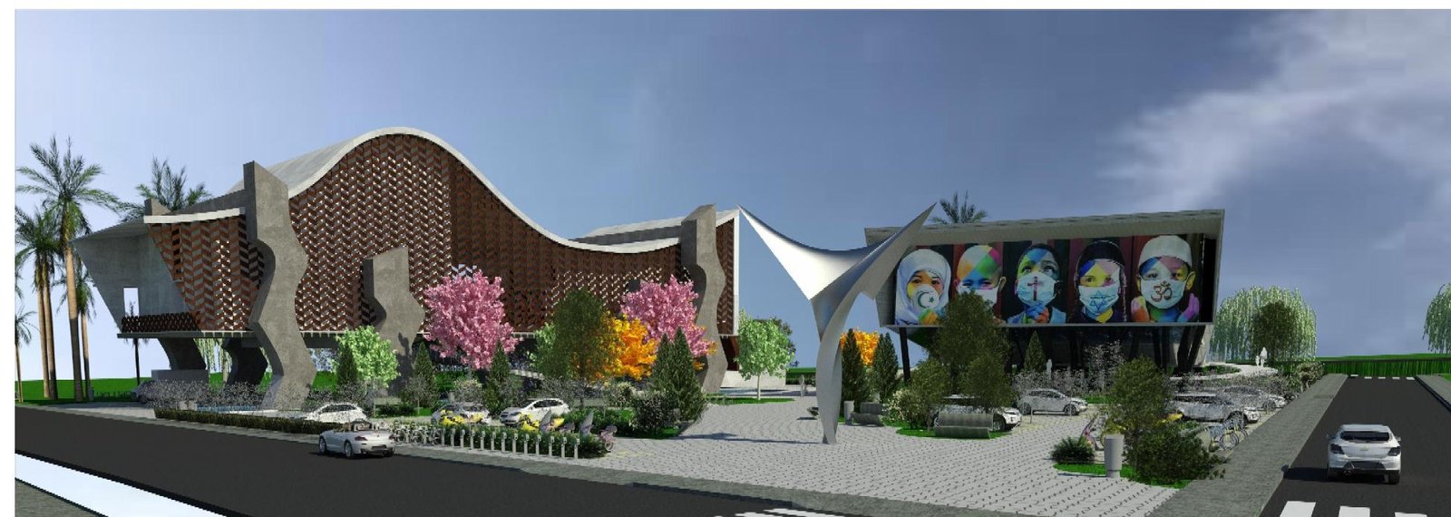 Render da entrada principal do MAD, com fachada em brise de aço corten, mural de rostos e área de convivência.