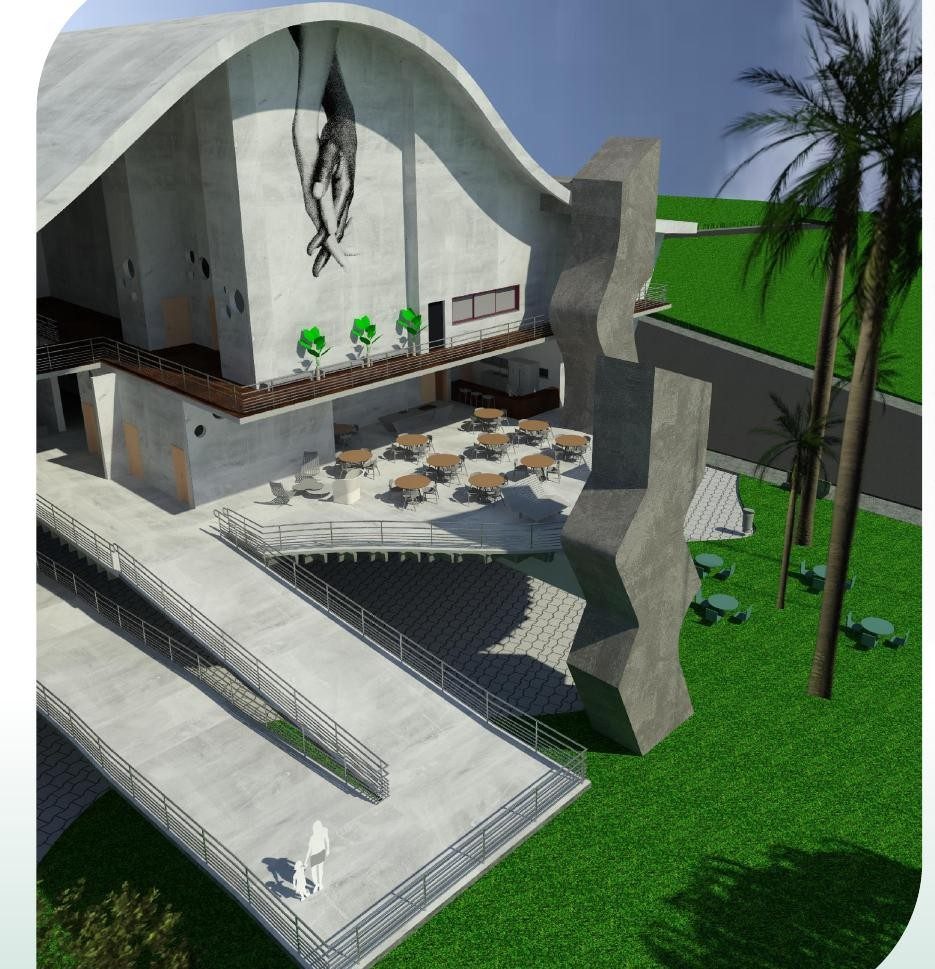 Terraço e área de convivência do MAD, com mural de mãos e mobiliário externo.